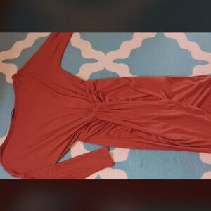 Ruched Midi Dress Sz Large Off Shoulder Long Sleeve Asymmetrical Draped wrap